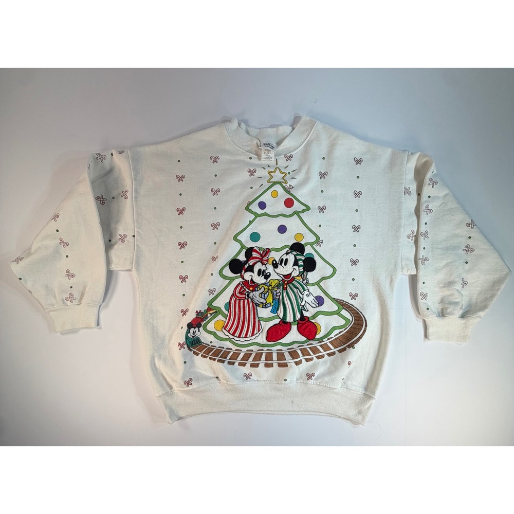 Vintage Disney Store Mickey Minnie Mouse Christmas Sweatshirt White L Pullover